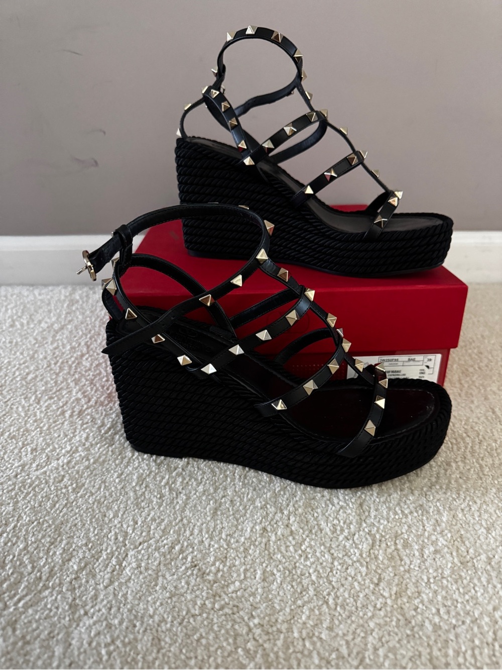 Valentino Black Studded Strappy Wedge Sandals - Women's